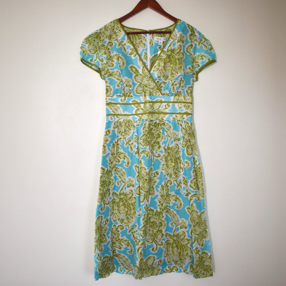 Coldwater Creek NWT green & blue floral V-neck sundress with wide waistband s 10